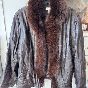 Max&Lilly XL Genuine Leather & Fox Fur Trim Parka Coat - EUC